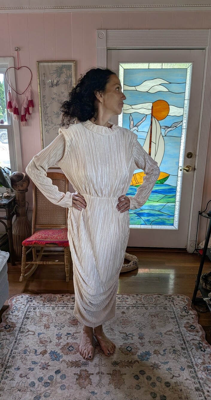 Boohoo Cream Pleated Long-Sleeve Midi Dress